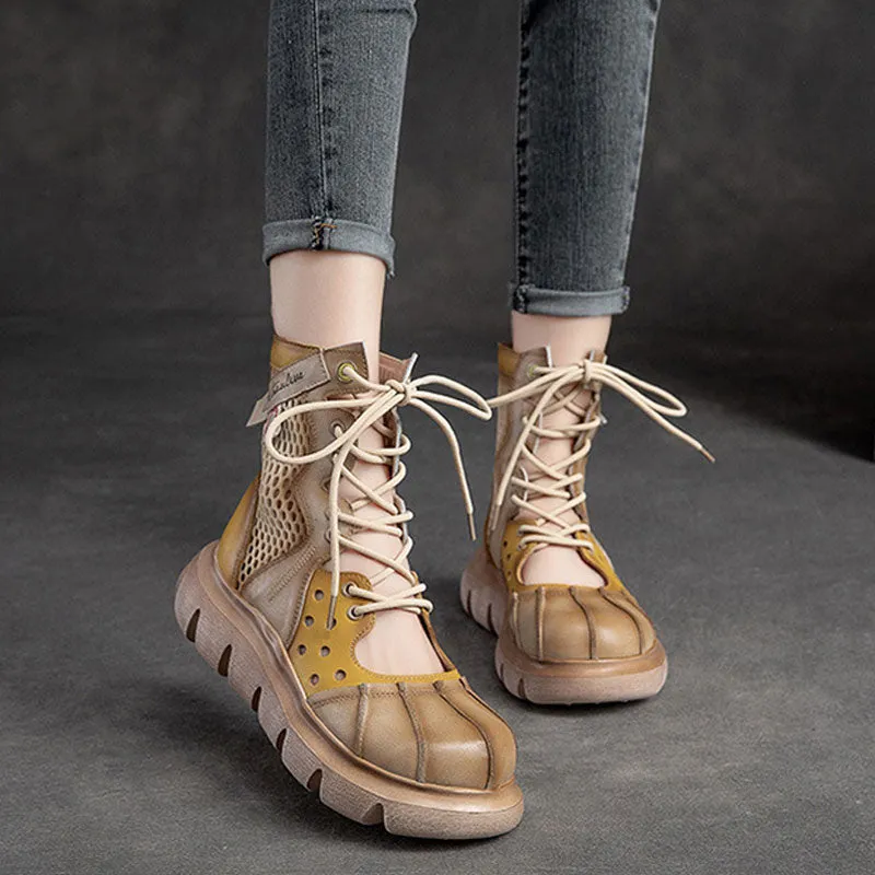 Women's Top Layer Cowhide Mesh Platform Round Toe Sandals Boots