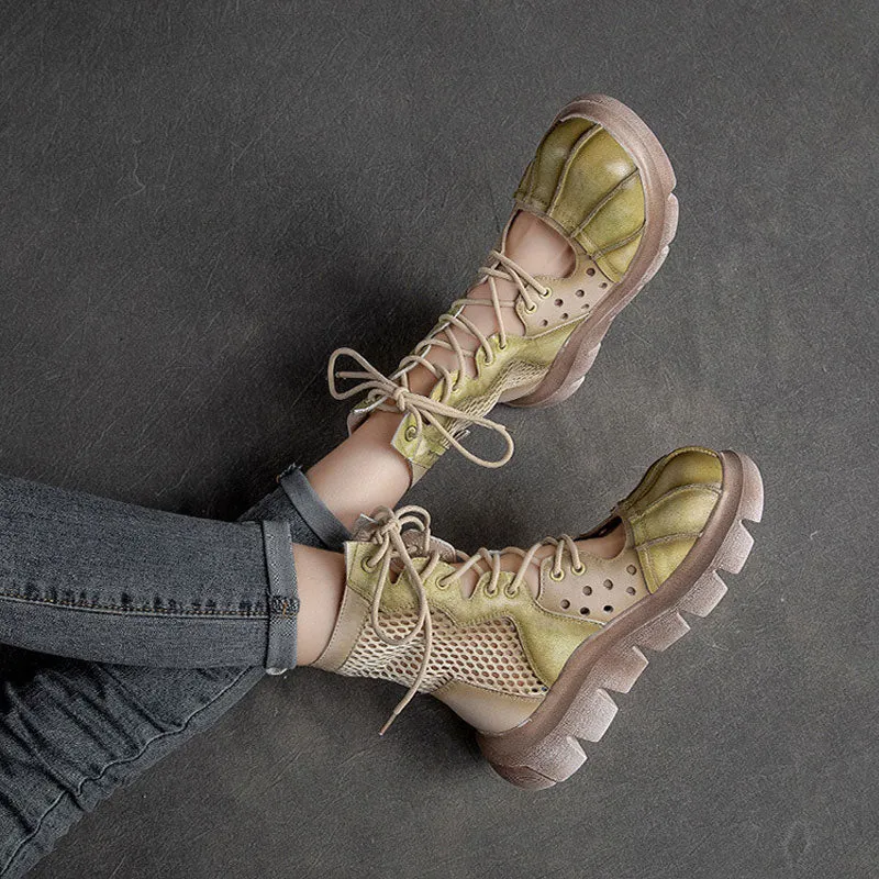 Women's Top Layer Cowhide Mesh Platform Round Toe Sandals Boots