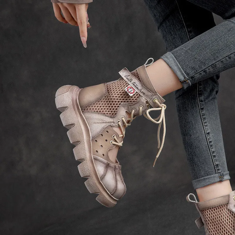 Women's Top Layer Cowhide Mesh Platform Round Toe Sandals Boots
