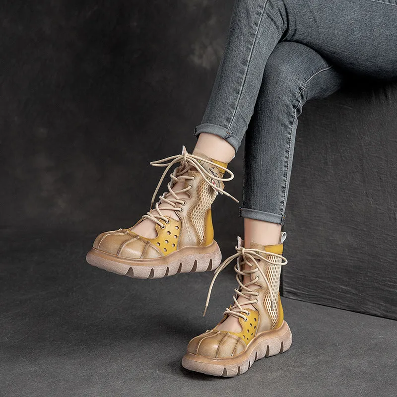 Women's Top Layer Cowhide Mesh Platform Round Toe Sandals Boots