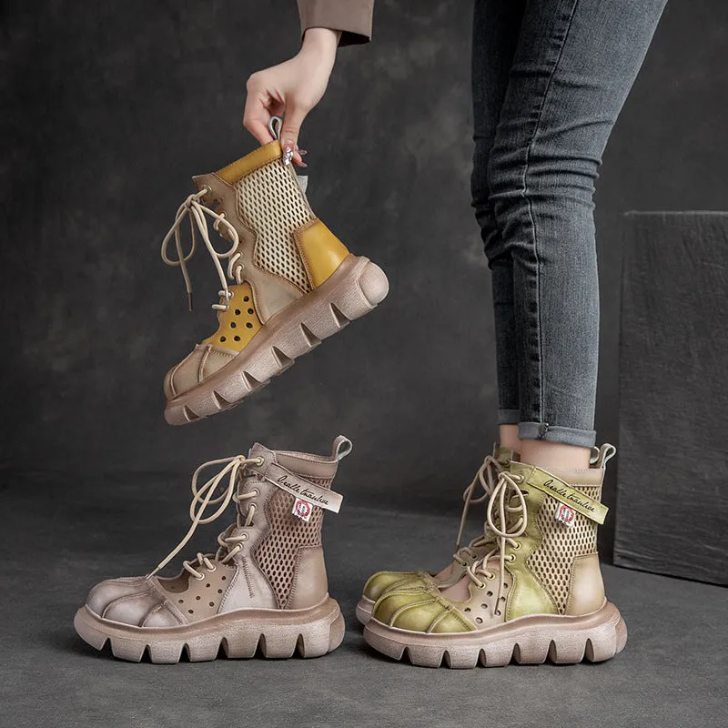 Women's Top Layer Cowhide Mesh Platform Round Toe Sandals Boots