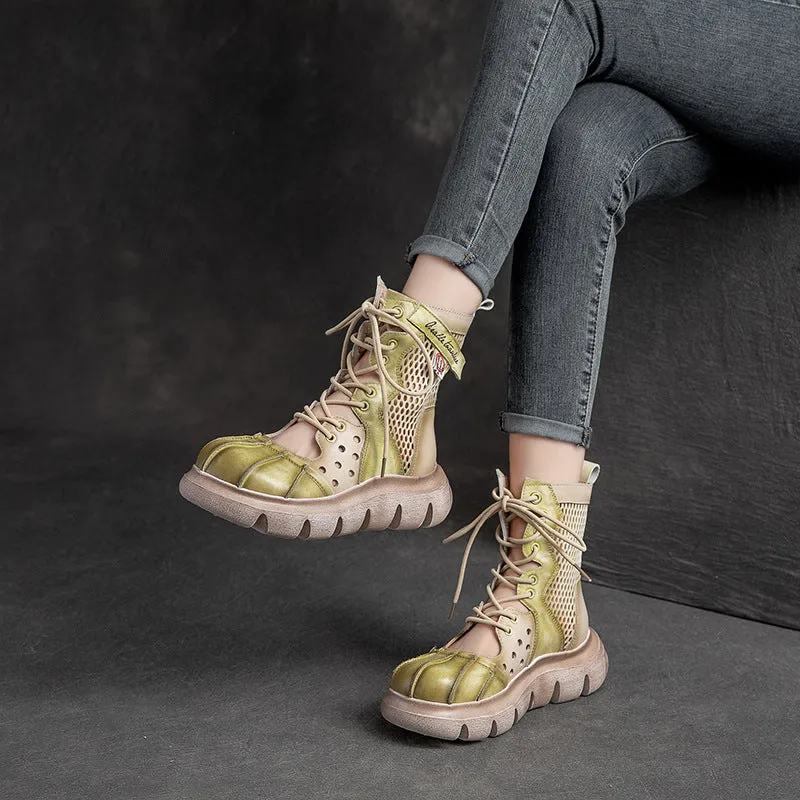 Women's Top Layer Cowhide Mesh Platform Round Toe Sandals Boots