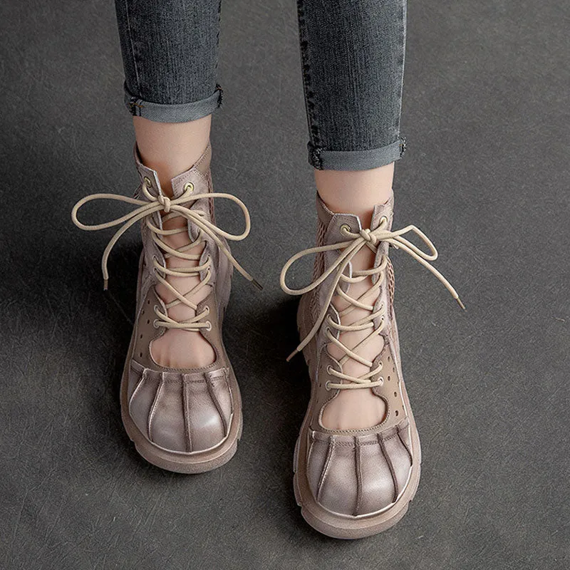 Women's Top Layer Cowhide Mesh Platform Round Toe Sandals Boots