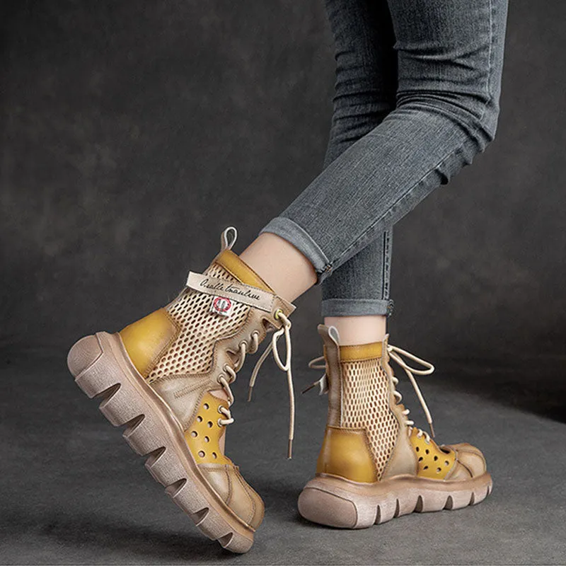 Women's Top Layer Cowhide Mesh Platform Round Toe Sandals Boots