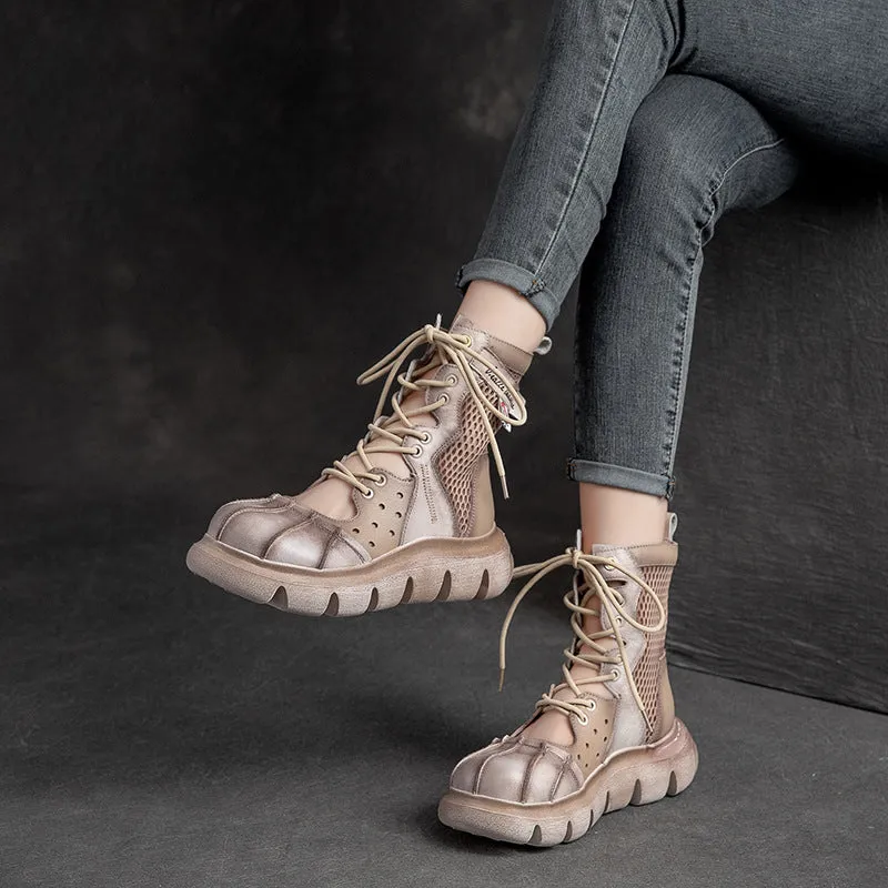 Women's Top Layer Cowhide Mesh Platform Round Toe Sandals Boots